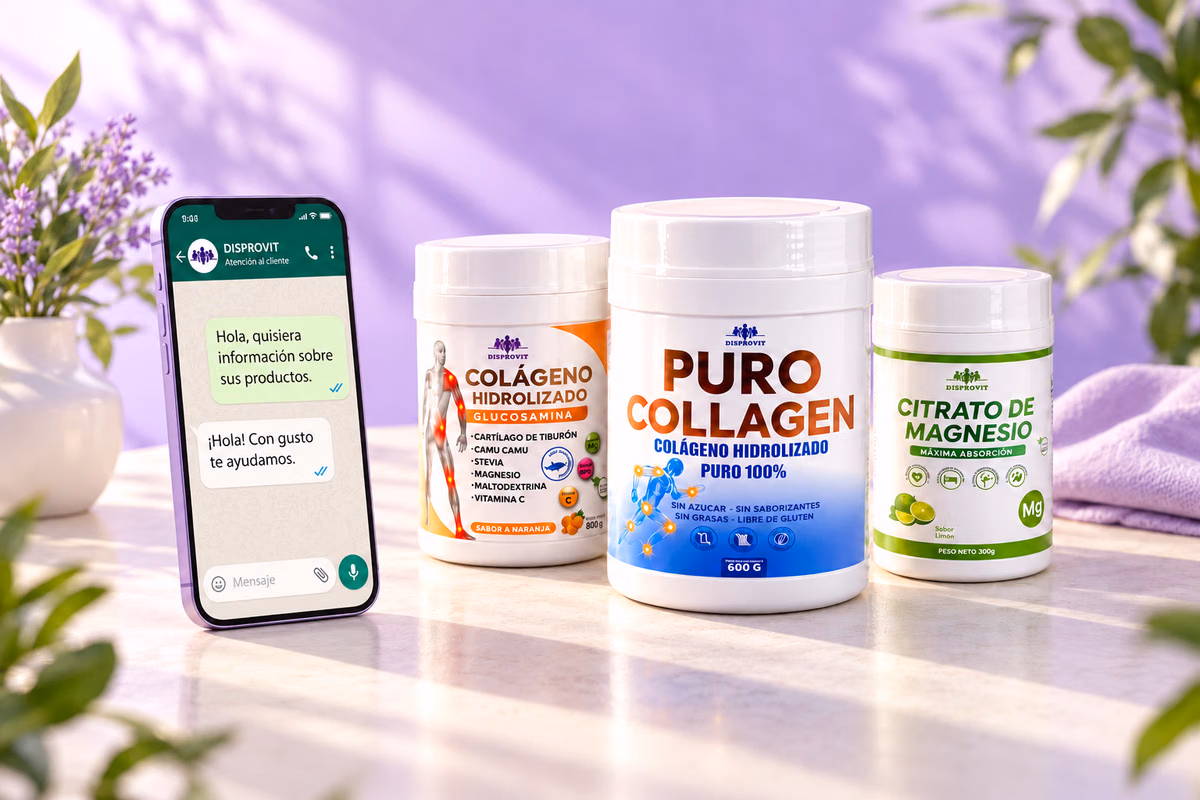 Suplementos DISPROVIT junto a un teléfono con atención por WhatsApp.
