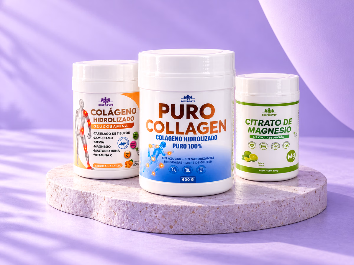 Puro Collagen, Colágeno Hidrolizado y Citrato de Magnesio de DISPROVIT sobre un fondo lavanda.